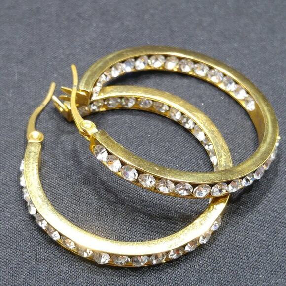 Gold Rhinestone Hoop Earrings 316L Stainless Steel Pierced 1.5" Vintage - Picture 9 of 9